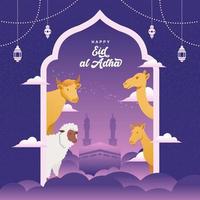 cartão de libertação de eid al adha com animal de sacrifício, cabra, ovelha, vaca e camelo para a celebração de eid al adha mubarak vetor