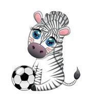 zebra bonita com uma bola de futebol. personagem de desenho animado, esporte de verão vetor