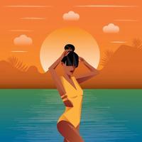 ilustração digital art déco usando cores brilhantes garota de paisagem no oceano ao pôr do sol no verão de férias vetor