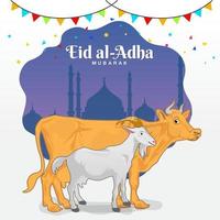 cartão de felicitações eid al adha. banquete sacrificial. cabra e vaca dos desenhos animados com mesquita como pano de fundo vetor