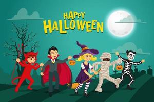 feliz dia das bruxas fundo. crianças vestidas com fantasia de halloween para ir doces ou travessuras com fundo verde vetor