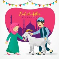 cartão de felicitações eid al adha. lindos desenhos animados de crianças muçulmanas segurando uma cabra para sacrifício com mesquita como pano de fundo vetor