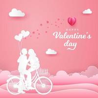 cartão de dia dos namorados. casal sentado em uma bicicleta e olhando um para o outro com uma mão segurando balões em forma de coração vetor