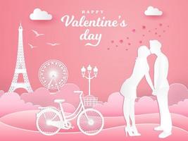 cartão de dia dos namorados. casal romântico beijando no parque com bicicleta no fundo rosa vetor