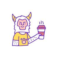 personagem legal yeti bebe uma xícara de café, ilustração para camiseta, adesivo ou mercadoria de vestuário. com estilo doodle, retrô e desenho animado. vetor