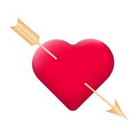 Coração 3d disparado com uma flecha dourada isolada em um fundo branco. coração vermelho com seta. lindo símbolo romântico de amor para o dia dos namorados. ilustração vetorial. vetor