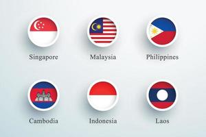 conjunto de bandeiras do sudeste asiático redondos ícones de círculo de botão 3d vetor