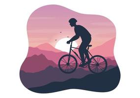 ilustração de mountain bike com ciclismo descendo as montanhas para esportes, lazer e estilo de vida saudável em modelos desenhados à mão de silhueta plana de desenho animado vetor