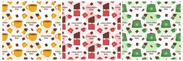 conjunto de design de padrão perfeito de chocolate com decoração de choco na ilustração de desenho animado modelo mão desenhada vetor