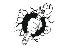 logotipo de vetor de homem de encanamento preto e branco, mão segurando uma chave inglesa, logotipo de ilustração retrô isolado.