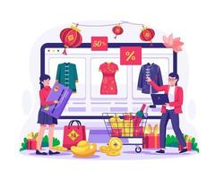 ilustração do conceito de compras do ano novo chinês. uma mulher e um homem estão comprando online por meio de um site para computador vetor