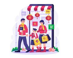 ilustração do conceito de compras online. família asiática andando por um smartphone comprando mercadorias e presentes. feliz Ano Novo Chinês vetor