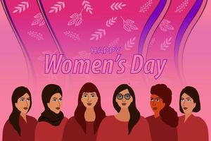 cartaz para feliz dia da mulher, com fotos de várias mulheres bonitas. meninas fortes e corajosas se apoiam. fraternidade e amizade mulheres padrão de fundo