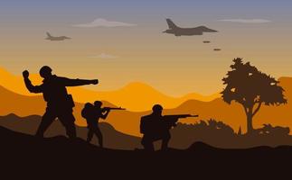 ilustração vetorial militar de guerra, fundo do exército, silhueta de soldado, artilharia, cavalaria, avião de guerra. vetor