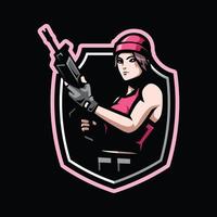 logotipo esport de jogo de mascote de guerreira. mulher segurando rifle no escudo vetor