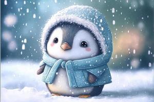 um pinguim bebê fofo vestido com um casaco de neve fica na neve du