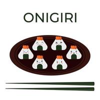 ilustração em vetor de onigiri no estilo kawaii. fast food japonês feito de arroz com recheio em forma de triângulo de alga nori.