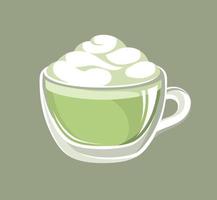 matcha latte com espuma branca em uma pequena caneca de vidro fofa. café restaurante menu bebida bebida ilustração vetorial. vetor