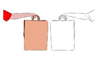 a mão segura um saco de papel pardo, assim como em preto e branco. o conceito de compras e descontos. vetor