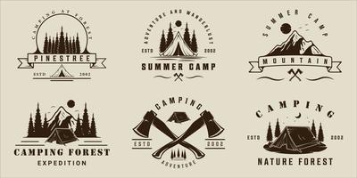 conjunto de acampar na floresta e montanha logotipo vintage vector ilustração modelo ícone design gráfico. coleção de pacotes de vários sinais ou símbolos de viagens ao ar livre para o conceito de aventura e desejo de viajar
