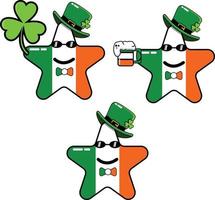 linda ilustração gráfica de design de estrela de bandeira irlandesa carregando folha de trevo, cerveja e usando chapéu de são patrício vetor