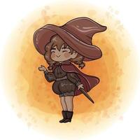 personagem de desenho animado de bruxa chibi fofa usando uma ilustração de chapéu vetor