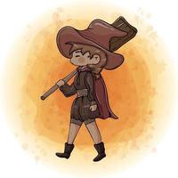 personagem de desenho animado de bruxa chibi fofa andando usando um chapéu e vassoura vetor