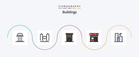 linha de edifícios cheia de pacote de ícones planos 5, incluindo mercado. construção. industrial. residência. lar vetor