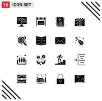 grupo de símbolos de ícone universal de 16 glifos sólidos modernos de elementos de design de vetores editáveis de aniversário de caixa de documento de pesquisa ampla