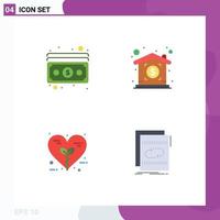pacote de 4 ícones planos criativos de propriedade de pagamento de coração em dinheiro natureza elementos de design de vetores editáveis