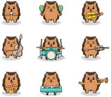 ilustração em vetor de ouriço fofo tocando instrumentos musicais. conjunto de personagens fofos de ouriço. animais de desenho animado tocam música. animais músicos.
