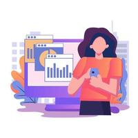 conceito de benchmarking. comparando processos de negócios, indicadores e métricas de desempenho com os melhores. medindo, testando com gráficos de análise. conjunto de ilustrações vetoriais gráficas planas isoladas em fundo branco vetor