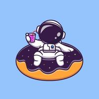 astronauta bonito flutuando na ilustração do ícone do vetor dos desenhos animados do balão donut do espaço. conceito de ícone do espaço verão isolado vetor premium. estilo cartoon plana