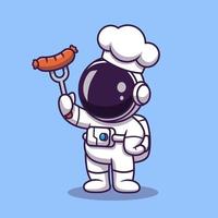 chef bonito do astronauta com ilustração do ícone do vetor dos desenhos animados de salsicha grelhada. conceito de ícone de comida de ciência isolado vetor premium. estilo cartoon plana