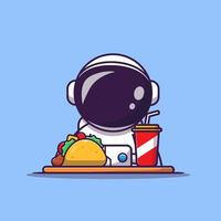 astronauta bonito com ilustração do ícone do vetor dos desenhos animados de taco e refrigerante. conceito de ícone de comida e bebida de ciência isolado vetor premium. estilo cartoon plana