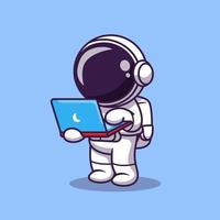 astronauta bonito trabalhando na ilustração do ícone do vetor dos desenhos animados do laptop. conceito de ícone de tecnologia de ciência isolado vetor premium. estilo cartoon plana