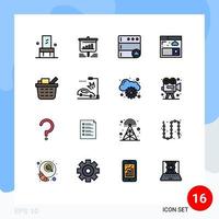 16 conceito de linha cheia de cores planas para sites móveis e aplicativos, cesta de compras, navegador de pesquisa de negócios, elementos de design de vetores criativos editáveis