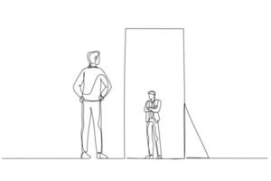 desenho animado do empresário olhando no espelho vendo mini versão tímida de si mesmo. estilo de arte de uma linha vetor