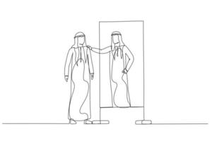 desenho animado do homem árabe olhando no espelho abraça o autoconceito de auto-estima e autocuidado. estilo de arte de linha contínua única vetor
