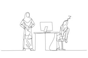 desenho animado de mulher muçulmana adormecendo no horário de trabalho é pego pelo conceito de chefe de afrouxar. estilo de arte de linha única vetor