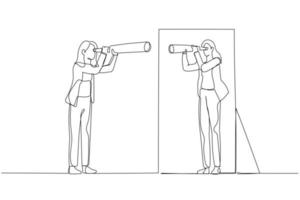 ilustração da mulher de negócios segurando o telescópio olhando para si mesmo no espelho. arte de linha contínua vetor