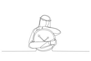 desenho animado do relógio de abraço do homem árabe sente-se sonolento e cansado. estilo de arte de linha contínua única vetor