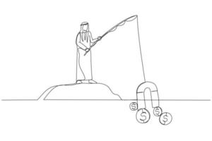 ilustração de dinheiro de pesca de empresário árabe com grande ímã. estilo de arte de uma linha vetor