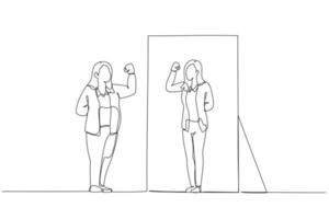 desenho animado de mulher de negócios gorda olhando no espelho, vendo a versão saudável e magra. estilo de arte de linha única vetor