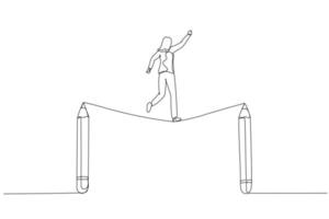 desenho animado da empresária anda na corda bamba entre o conceito de lápis de luta na criatividade. arte de linha contínua única vetor