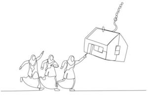 desenho animado de grupo de mulheres muçulmanas tenta pegar isca de casa no anzol. estilo de arte de linha contínua única vetor