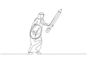 desenho animado de empresária usando lápis como espada e relógio como conceito de escudo de procrastinação ou gerenciamento de tempo. estilo de arte de linha única vetor