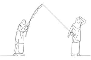 desenho de mulher muçulmana pescando outro conceito de carteira de homem de competição de negócios. estilo de arte de linha contínua única vetor