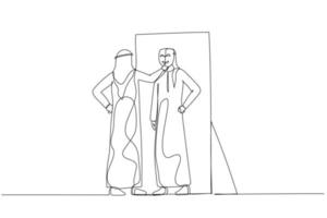desenho de homem árabe colocando máscara no conceito de auto-reflexão da síndrome do impostor. arte de linha contínua única vetor