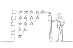 desenho de empresária segurando lápis para avaliar o conceito de feedback estrela de feedback de avaliação. arte de linha contínua vetor
